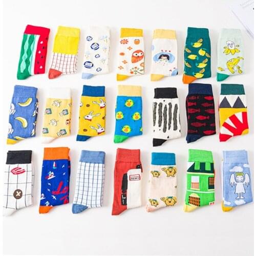 Happy funny socks personality men and women cotton socks Harajuku funny doodle fruit animal print banana lemon watermelon