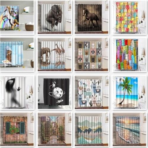 Animal Printed Blackout Shower Curtains For Bathroom Beach Scenery Waterproof Polyester Anti Peeping 3D Curtain For Bath Bathtub