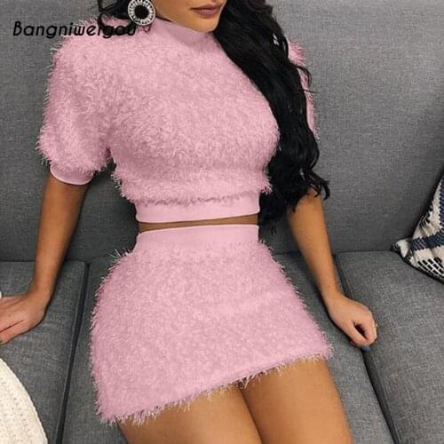 Bangniweigou furry top skirt two piece set elegant casual women short sleeve crop top mini skirt pompom matching sets