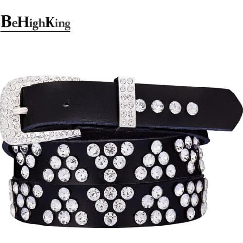 Fashion Genuine leather rhinestone belts for women Shining triangle diamond belt woman Narrow strap Jeans waistband width 2.3 cm