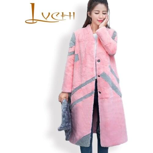 LVCHI 2019 100% Natural Rabbit Genuine Leather Striped V Neck Winter Thin Warm Fur Full Pelt Ladies Slim Bodycon Rabbit Coats