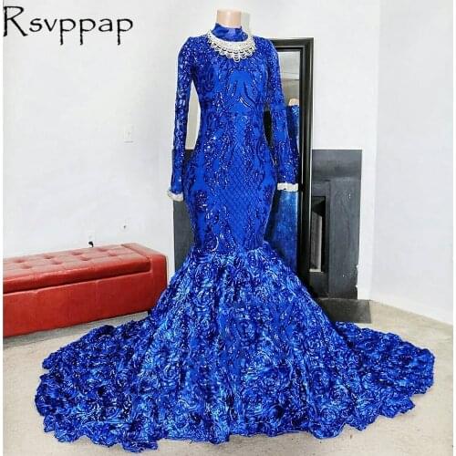 Royal Blue Mermaid Long African Black Girl Prom Dresses 2021 Sparkly Sequin Top 3D Flowers High Neck With Long Sleeve Prom Dress