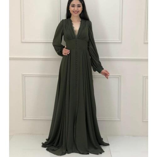 Elegant Long Sleeve V-Neck Evening Dresses with Pockets Chiffon Zipper Back Green Abendkleid Robes de Soirée for Women