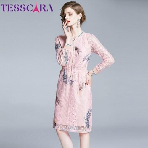TESSCARA Women Spring & Autumn Pink Lace Dress Festa High Quality Elegant Cocktail Party Robe Femme Vintage Designer Vestidos