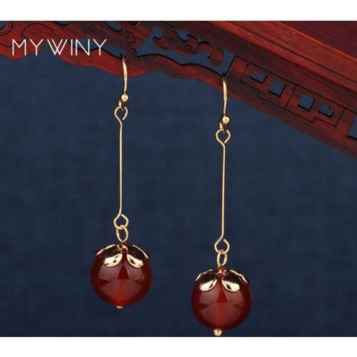 2 colors MYWINY New fashion jewelry red nature stones long hook earrings ,handmadecopper flowers simple earrings