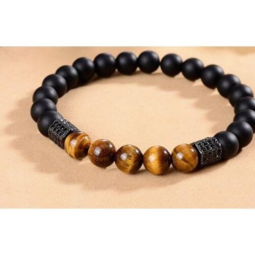 8mm kik45 silver gold copper tube micro pave cz zircon cubic zirconia Bracelet yellow Tigereye black Frosted agate Onyx bead