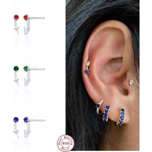 GS 925 Sterling Silver Colorful Zircon Stud Earrings For Women Red Blue Green Crystal Arc Line Shape Ear Stud Party Jewelry