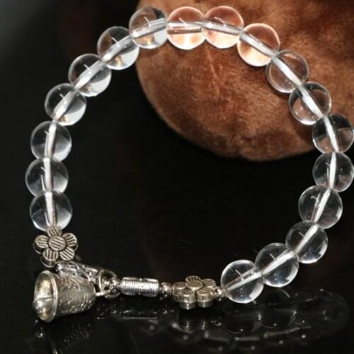 Bell pendant bracelet white electroplated crystal 8mm round beads women bride girls beauty unique design jewelry 7.5inch B2168