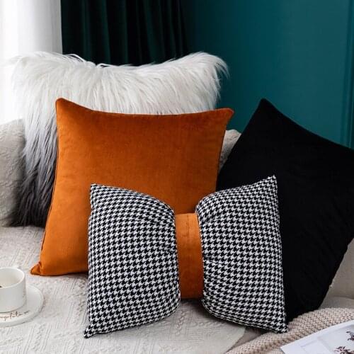 Black white houndstooth bowknot throw pillow sofa solid color waist pillow case