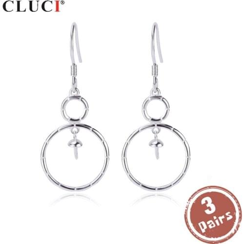 CLUCI 3 pair Simple 925 Sterling Silver Big Round Drop Pearl Earring Mounting Jewelry for Women Wedding Engagement SE137SB