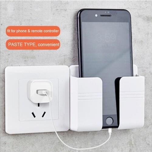 Phone Holder Wall Mounted Organizer Storage Box Remote Control Mounted Plug Cellphone Hanging Stand Bracket Hooks Charging Dock