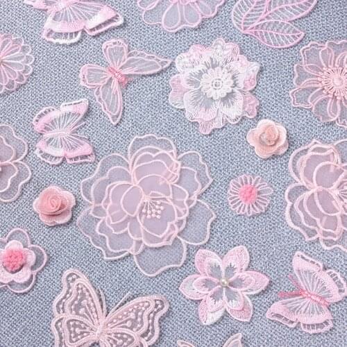 5Pcs Sew On Lace Appliques Craft/DIY Flower Appliques Patches Transparent Flower Butterfly Appliques for Clothing Stripes