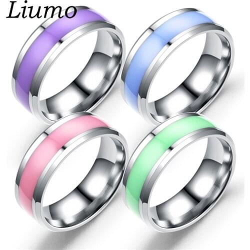 Liumo Fashion Purple Green Blue Pink Color Women Men 316L Stainless Steel Couple Ring Lr538