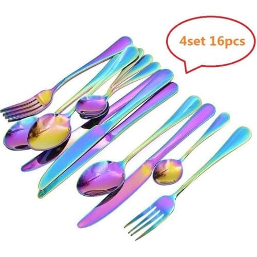 16pcs Rainbow Cutlery Colorful Tableware Stainless Steel Kitchen Dinner Knife Table Fork Teaspoon Christmas Gift Russian Stock