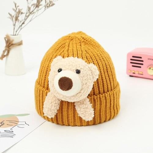 2021New Baby Hat woolen cap Autumn and winter warm Windbreak Cute bear Knitted hat Korean version Ear protection goods in stock