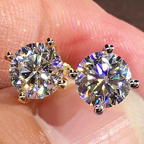 Solid 10K Au417 Yellow Gold Earrings 2 Carat DVVS best color each 1ct Round Moissanite