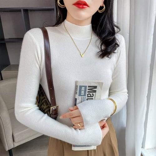 Autumn Winter Thick Women Cashmere Wool Knitted Ribbed Pullover Sweater Long Sleeve Mockneck Slim Soft Warm Femme