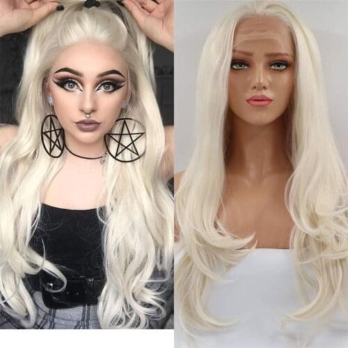 Platinum Blonde Wavy Lace Front Wig Long Natural Wave White Synthetic Lace Front Wig Silver Blonde Wig Heat Resistant Fiber Wig