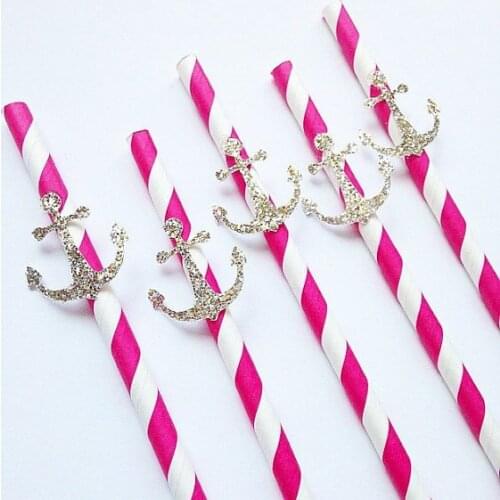 Custom glitter anchors fushia Stripe Paper Straws nautical wedding, engagement, birthday, baby shower, tea party straw