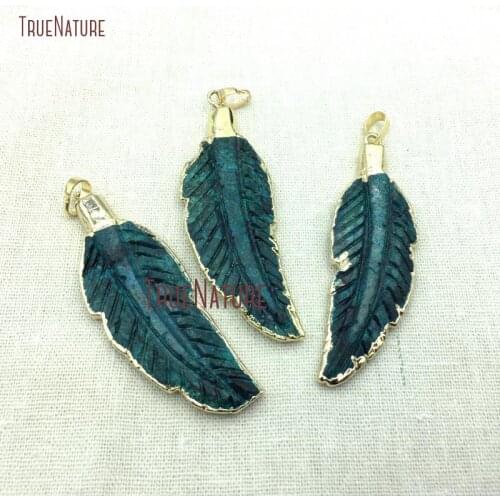 Gold Electroplated Feather Pendant Dark Green Chrysanthemum Jaspers Pendant PM4230