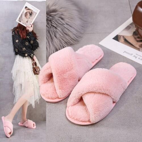 Multi-color Women Fluffy Slipper Winter Cross-tie Plush Slippers Flat Shoes Warm Faux Fur Slipper Home Ladies Shoes