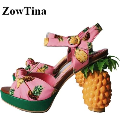 Women Pink Platform Sandals Pineapple Chunky 11cm High Heels Summer Shoes Woman Ankle Strap Valentina Ladies Shoes Dress Pumps