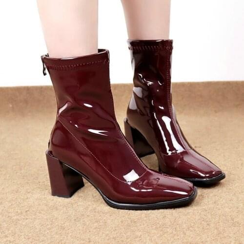 Autumn Winter Female New Patent Leather Mid Calf Boots Ladies Thick Heel Fashion Square Toe Martin Boots Zipper PU Womens Shoes