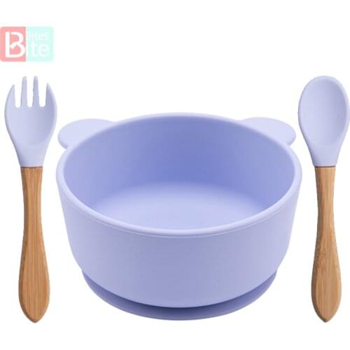 1Set Silicone Baby Feeding Bowl Set Baby Learning Panda Dishes Suction Bowl Set Wood Fork Spoon Non-Slip for Babies BPA Free