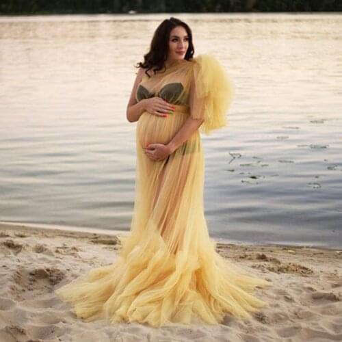 Fashion Ruffled Sheer Tulle Maternity Dress for Photography See Thru Long Pregnant Woman Dresses for Photoshoot Sexy Robe Gowns