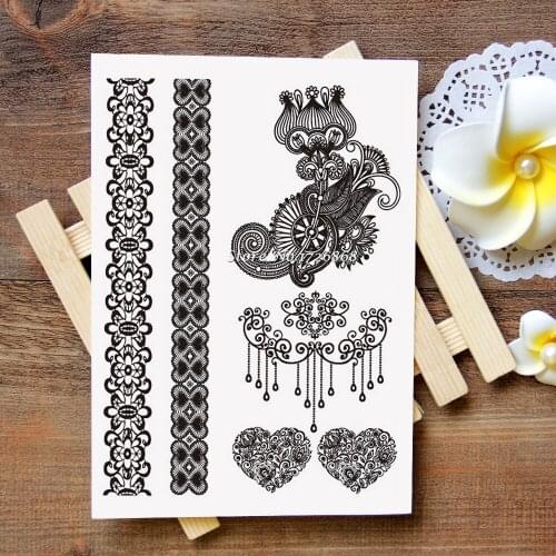 Waterproof Metallic Gold Silver White Temporary Tattoo For Black India Henna Tattoo Love Flower Pattern #004
