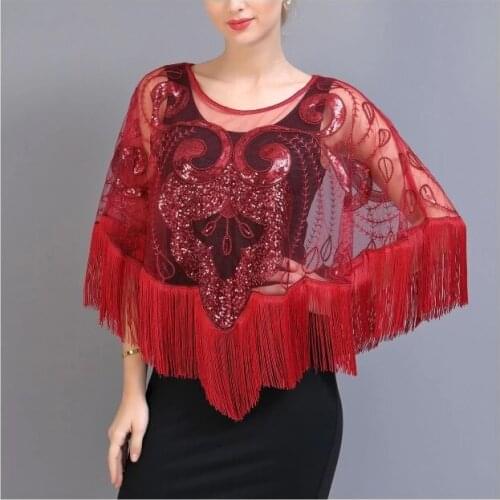 Women Net Yarn Irregular Tassel Shawl Wraps Sequin Cape Bridal Wedding Shawls Flapper Fringe Blouses Round Neck