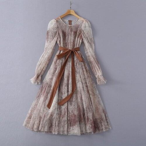 European and American womens clothing spring 2021 new Long-sleeved round collar lace-up Fashion mesh print dress