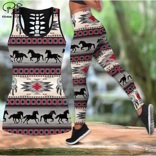 PLstar Cosmos Womens for girl Workout Pants geometry horse 3D Printed Hollow Tanktop sexy Yoga Suit Fitness Soft Legging