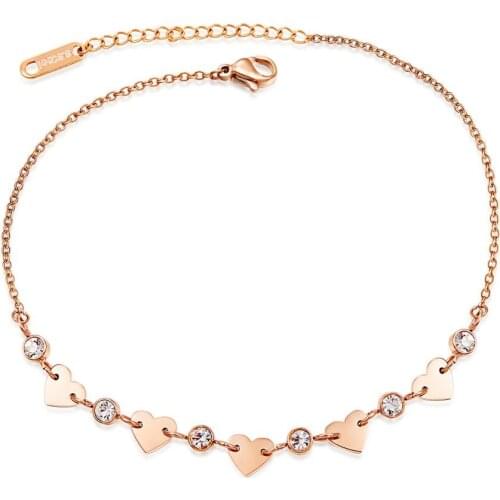 Women’s Stainless Steel Zirconia Heart Anklet For Girl Holiday Beach Foot Jewelry Rose Gold Color