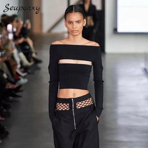High Quality 2021 Spring Elegant Womens Bodycon Bandage Short Top Sexy Off Shoulder Long Sleeve Hollow Celebrity Party Top