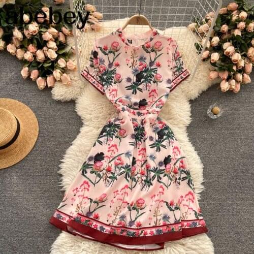 Women Court Wind Print Dress Retro Short Sleeve O Neck A-line Dresses Spring Fashion Streetwear Blue Short Dress