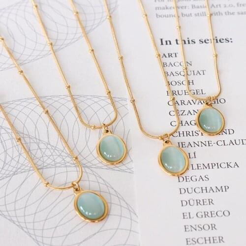 Stainless Steel Oval Shape Opal Pendant Necklaces For Women Waterproof Jewelry Trendy Metal 18 K Collar Gold Neckalce Gift