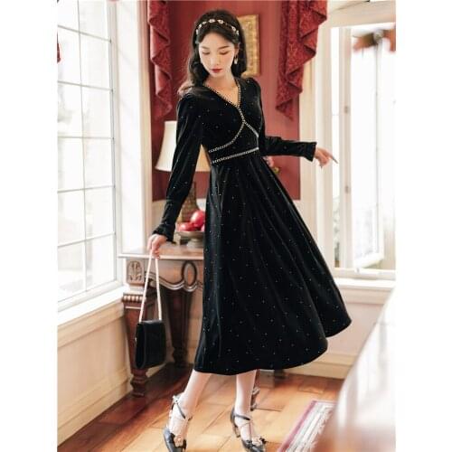 SWEETXUE Winter New Velvet Retro Vintage V-neck Fashion Elegant Long Dresses