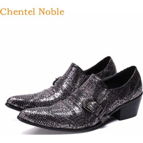 2020 Chentel Noble Manual Med Heels Fashion Buckle Mens Dress Shoe Genuine Leather Slip-on Pointed toe Mens Shoes Big Size