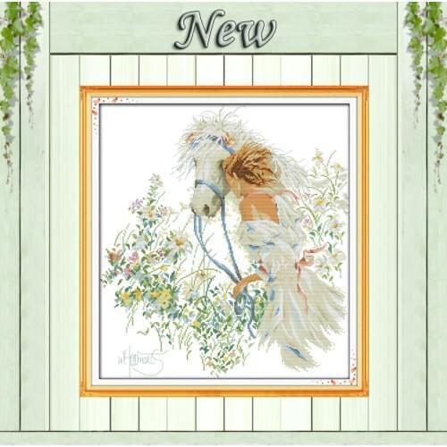 White horse and girl in the garden painting counted print on canvas 14CT 11CT DMC Cross Stitch kits Needlework Sets Embroidery