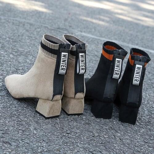 Faux suede ankle boots ladies fashion thick heel plush shoes ladies fashion shoes ladies brown chocolate boots plus size 34-43