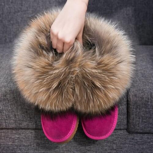 Women Sheep Wool Boots Genuine Leather Fox Fur Snow Boots Shoes Cowskin Sheep Fur Boots Flat Warm Winter Shoes