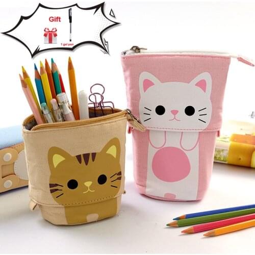 Pen Pencil Bag Case Cartoon Cute Cat Bear Sheep Canvas Fold Standing Holder Stationery Organizer Kids Gift A6445