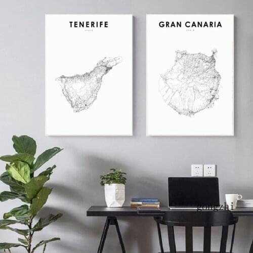 Spain Map Art Poster Gran Canaria Tenerife Map Print Modern Black and White Wall Art Canvas Painting Picture Room Office Decor