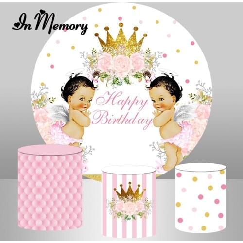 InMemory Pink Royal Princess Baby Round Backdrop Cover Flowers Glitter Gold Crown Girl 1st Birthday Party Photography Background