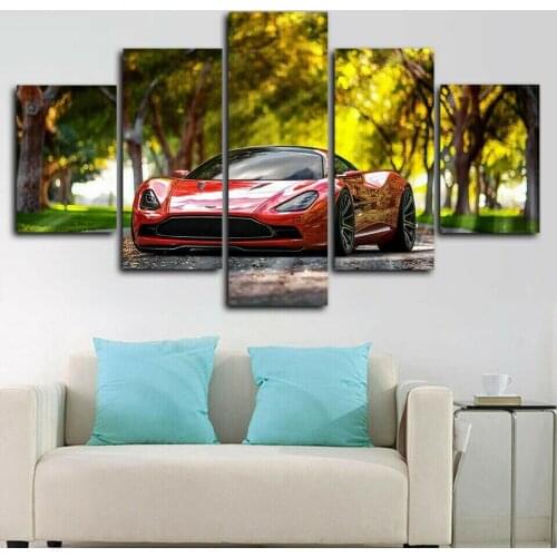 Red Luxury Sports Car In The Forest 5 Panel Canvas Picture Print Wall Art Canvas Painting Wall Decor for Living Room No Framed