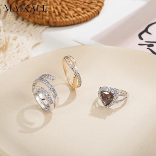 MAIKALE Luxury Colorful Cubic Zirconia Adjustable Rings for Women Anniversary Couple Finger Ring Wedding Band Fashion Jewelry