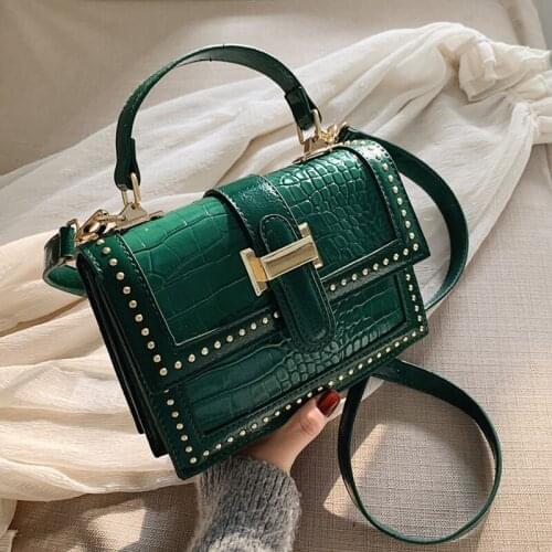 Green Crocodile Pattern Fashion Women Tote Bag Hit Color Design Leather Rivet Tote Purse Bags