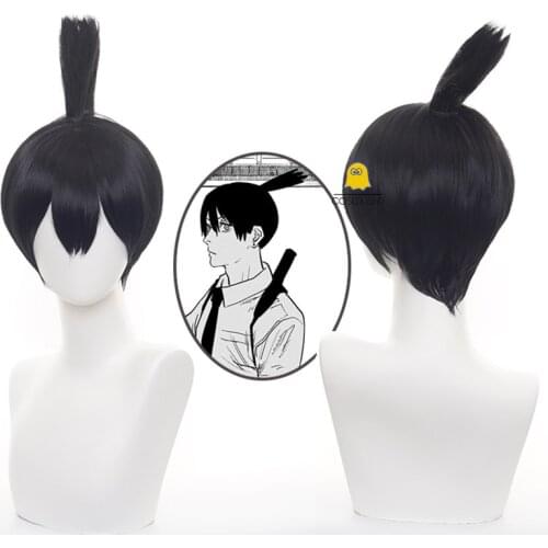 Anime Chainsaw Man Aki Hayakawa Cosplay Wig Dark Blue Topknot Style Fiber Hair with Wig Cap Halloween Party Role Play Wig
