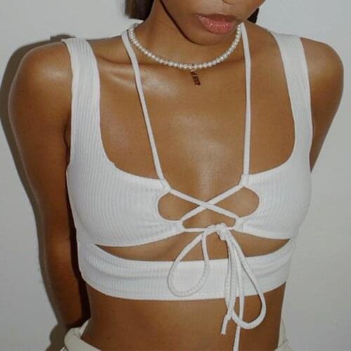 Sexy Bandage Crop Tops Hollow Out Lace Up Slim Fit Y2k Tank Casual Backless V-neck Ribbed Camis Summer Clothes for Women 2021